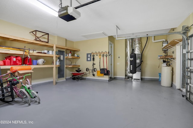 garage with a garage door opener, heating unit, and gas water heater