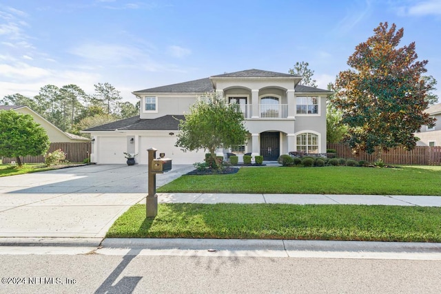 view of front of home featuring a balcony and a front yard