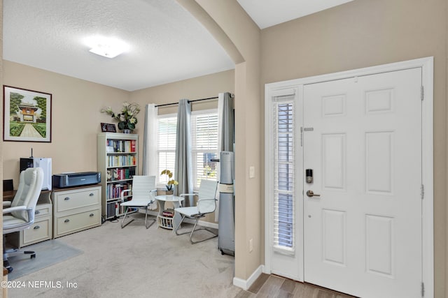 carpeted entryway featuring a textured ceiling