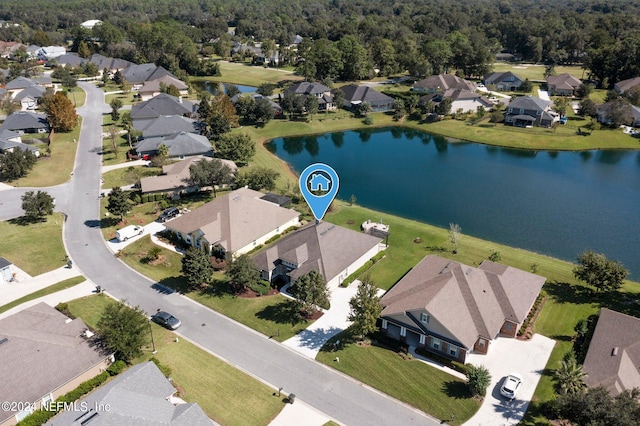 drone / aerial view featuring a water view