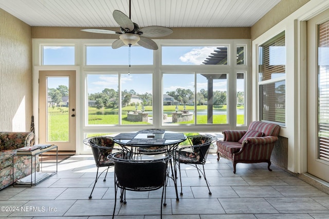 sunroom / solarium featuring ceiling fan and plenty of natural light