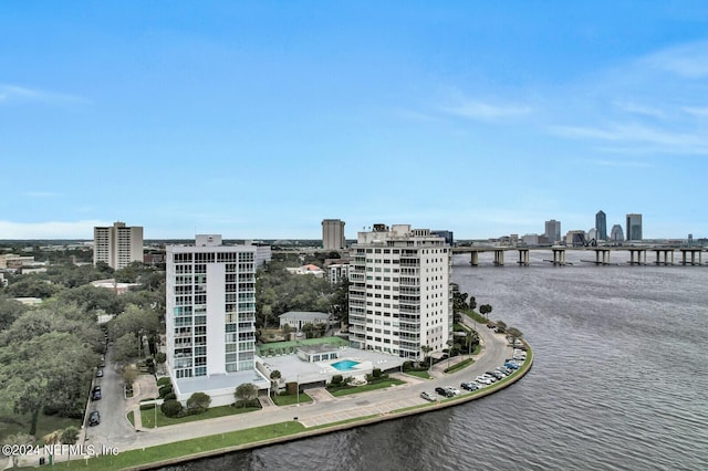 bird's eye view with a water view and a view of city