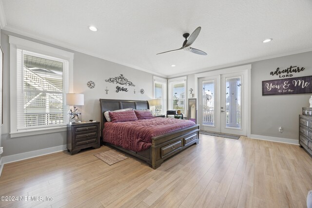 bedroom with ornamental molding, light hardwood / wood-style floors, access to outside, and ceiling fan