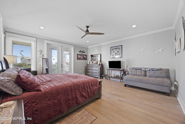 bedroom with crown molding, light hardwood / wood-style flooring, access to exterior, and ceiling fan