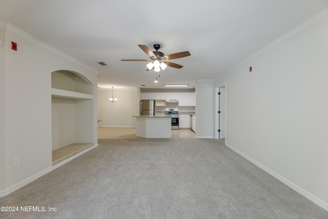 unfurnished living room featuring ornamental molding, light colored carpet, and ceiling fan