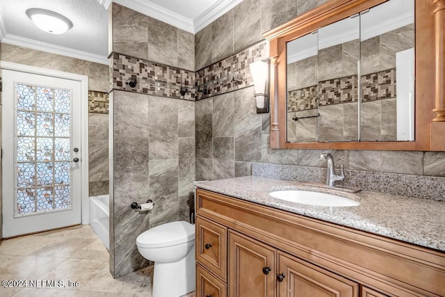 full bathroom featuring vanity, ornamental molding, toilet, and tile walls