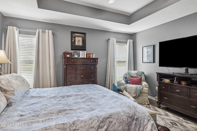 bedroom with wood-type flooring, a tray ceiling, and ceiling fan