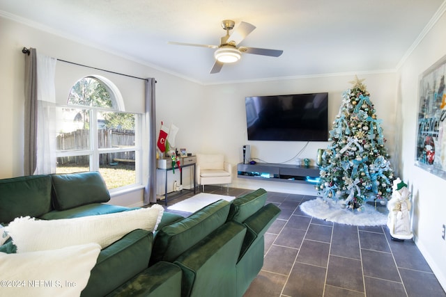 tiled living room with crown molding, a healthy amount of sunlight, and ceiling fan