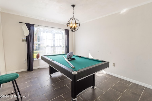 playroom featuring crown molding, a notable chandelier, billiards, and dark tile patterned floors