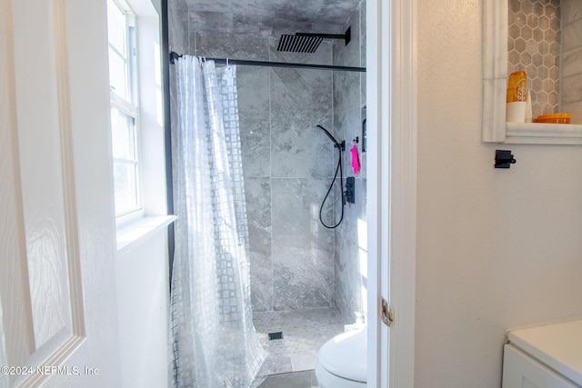 bathroom featuring vanity, plenty of natural light, toilet, and walk in shower