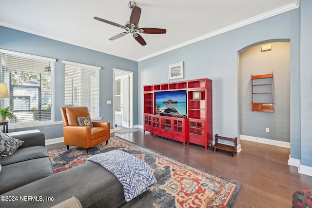 living room featuring ceiling fan, ornamental molding, and dark hardwood / wood-style floors