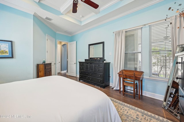 bedroom featuring crown molding, dark hardwood / wood-style floors, beam ceiling, and ceiling fan