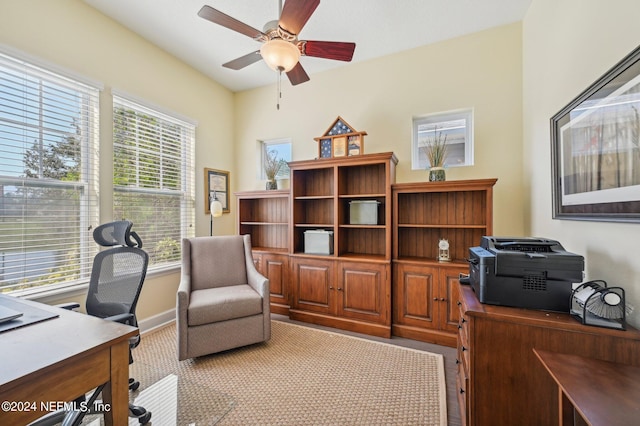 office space with light carpet, a healthy amount of sunlight, and ceiling fan