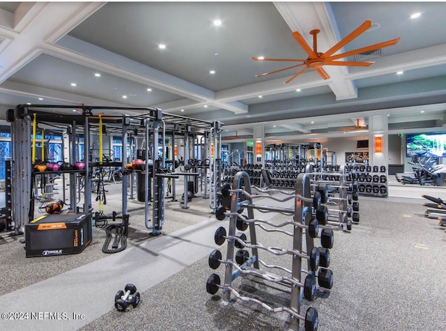 gym with coffered ceiling