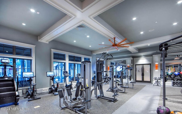 exercise room featuring ceiling fan and a wealth of natural light