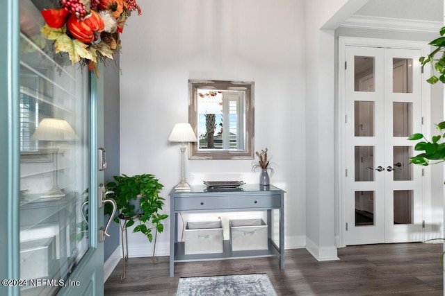 foyer entrance with ornamental molding and dark hardwood / wood-style floors