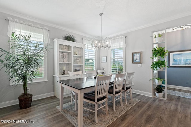 dining space with a wealth of natural light, ornamental molding, and dark wood-type flooring