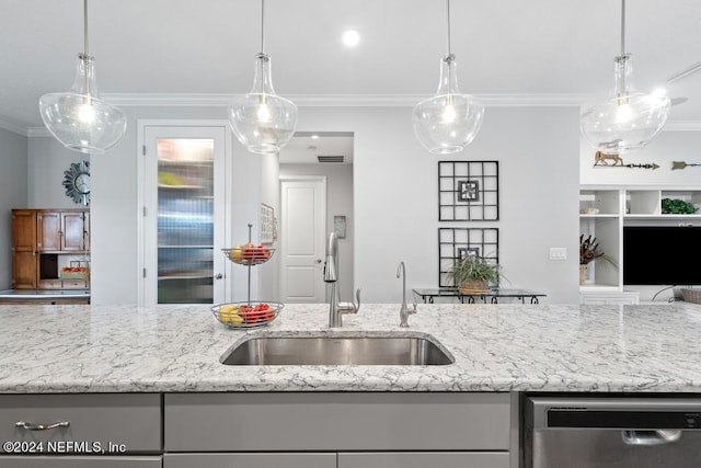 kitchen featuring light stone countertops, hanging light fixtures, sink, and dishwasher