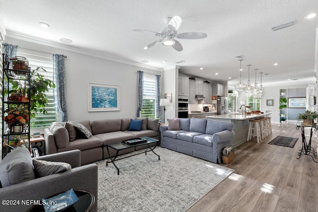 living room with light hardwood / wood-style flooring, a textured ceiling, ceiling fan, and crown molding