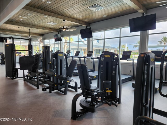 workout area with wood ceiling, wood-type flooring, and ceiling fan