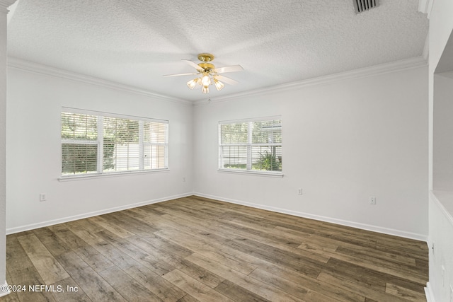 unfurnished room featuring ornamental molding, a textured ceiling, wood-type flooring, and ceiling fan