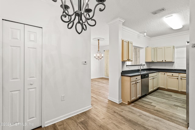 kitchen with a textured ceiling, light wood-type flooring, dishwasher, crown molding, and sink