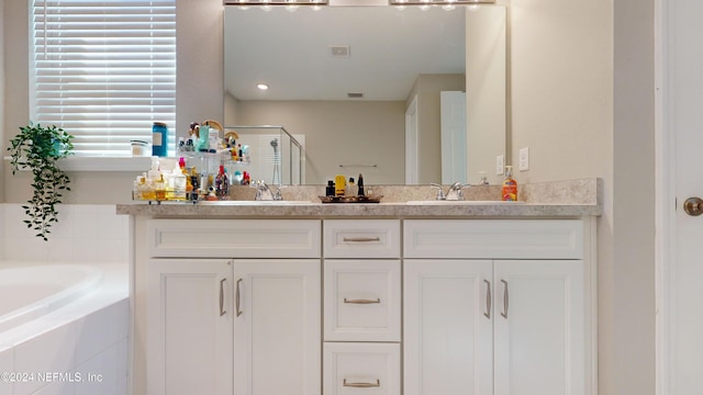 bathroom featuring vanity and independent shower and bath