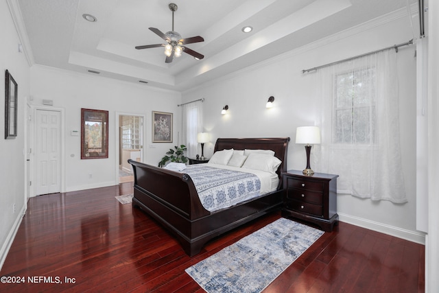 bedroom featuring ornamental molding, a tray ceiling, dark wood-type flooring, and ceiling fan