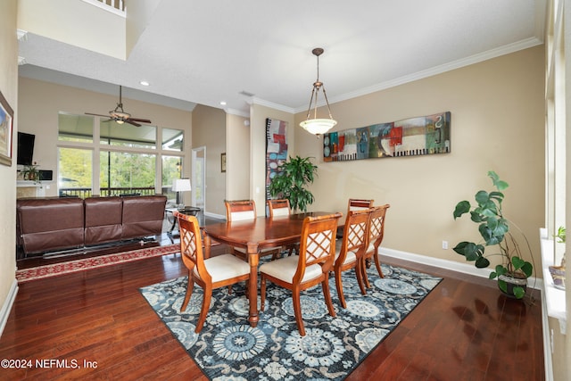 dining space with crown molding, dark wood-type flooring, and ceiling fan