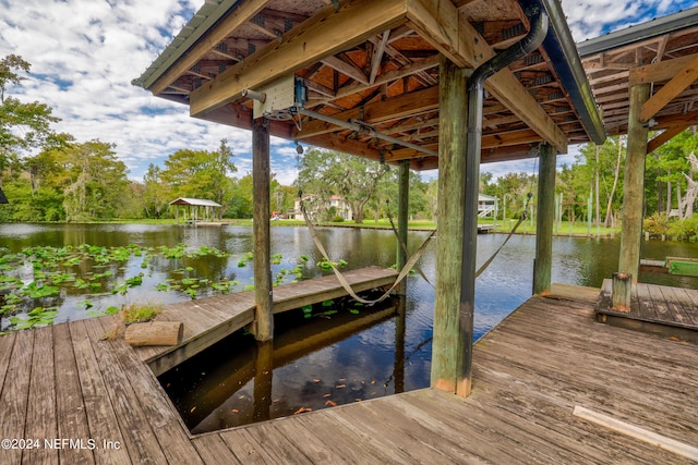 view of dock with a water view