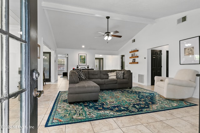 living room featuring light tile patterned flooring, beamed ceiling, high vaulted ceiling, and ceiling fan