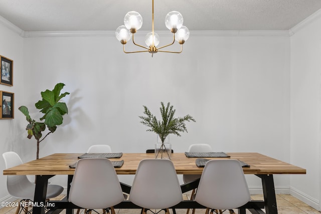 dining room with crown molding, a textured ceiling, light tile patterned floors, and a chandelier