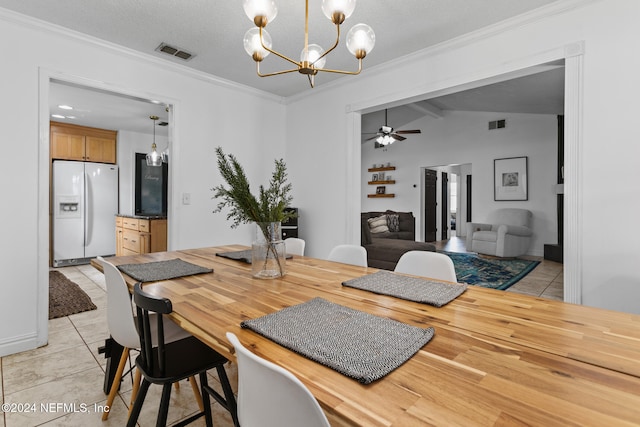 dining space featuring crown molding, lofted ceiling with beams, light tile patterned flooring, and ceiling fan with notable chandelier