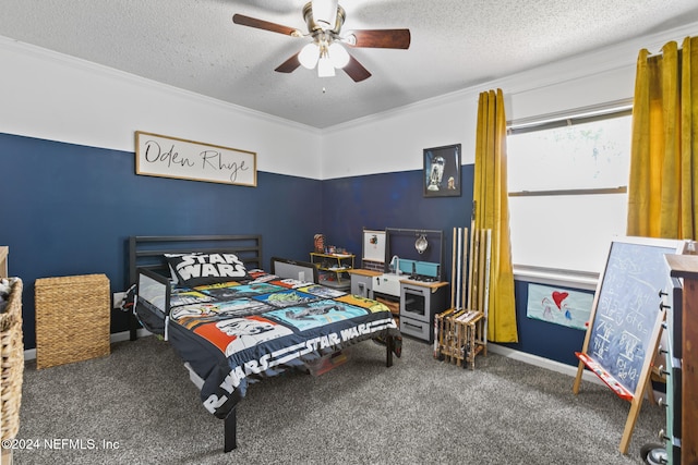 carpeted bedroom with ornamental molding, a textured ceiling, and ceiling fan