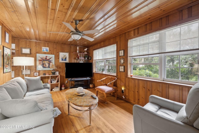 living room featuring ceiling fan, light hardwood / wood-style flooring, wood ceiling, and wood walls