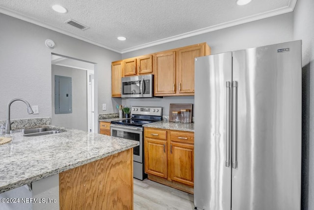 kitchen featuring electric panel, light stone counters, appliances with stainless steel finishes, light hardwood / wood-style flooring, and sink