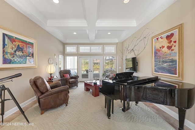 living area featuring beamed ceiling, french doors, coffered ceiling, and ornamental molding