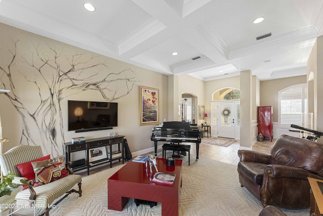 living room featuring arched walkways, beam ceiling, ornamental molding, and coffered ceiling