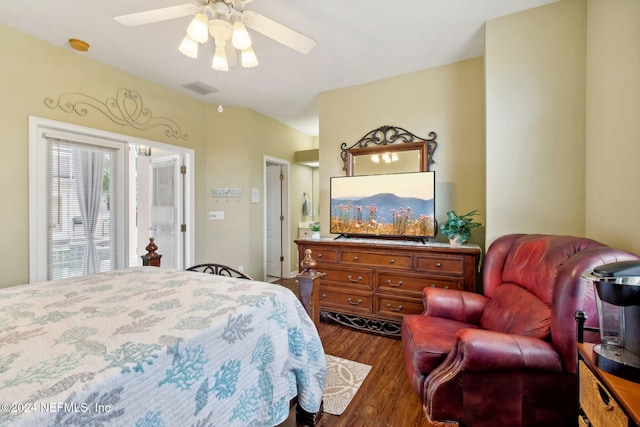 bedroom with ceiling fan and dark wood-type flooring