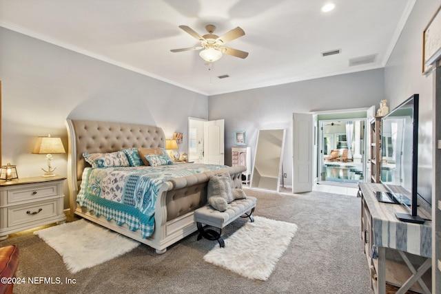 bedroom with ceiling fan, carpet floors, and ornamental molding