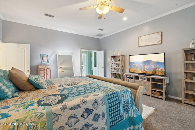 bedroom with ceiling fan, carpet floors, and ornamental molding