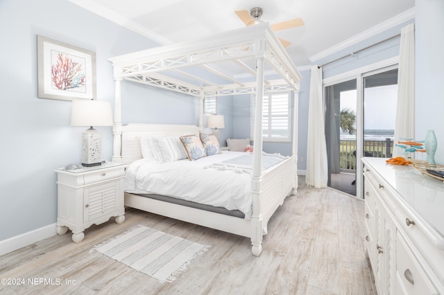 bedroom with ceiling fan, ornamental molding, light hardwood / wood-style flooring, and access to exterior