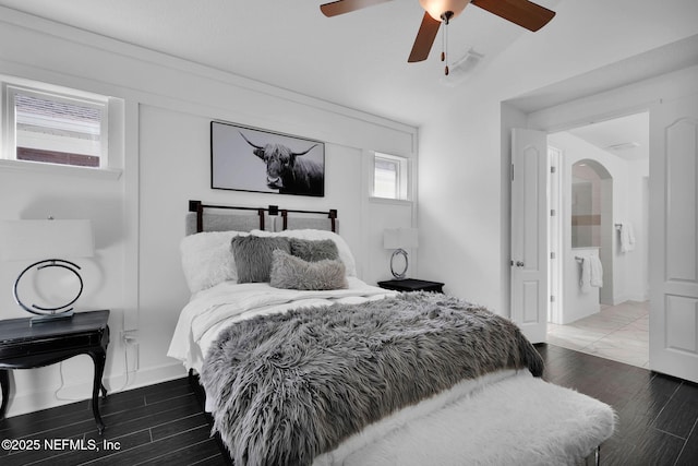 bedroom with lofted ceiling and ceiling fan