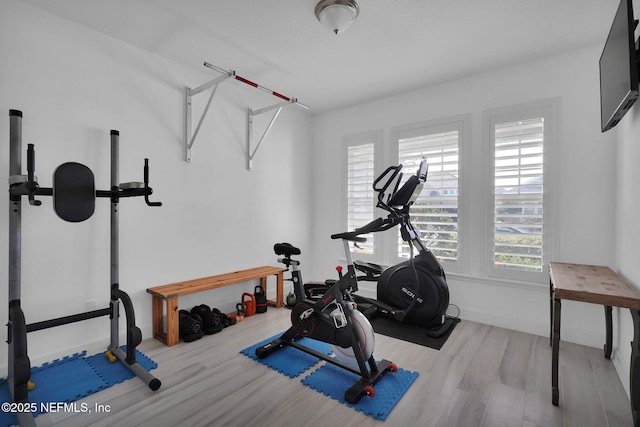 workout room with light hardwood / wood-style flooring and a wealth of natural light