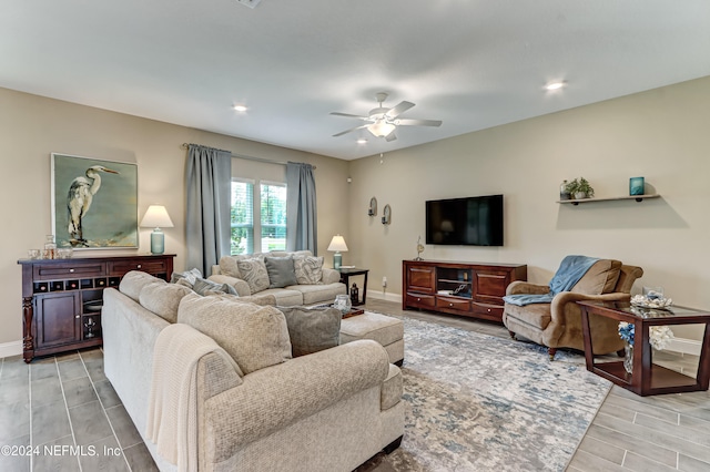 living room with ceiling fan