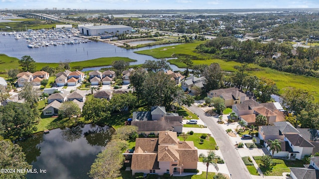 bird's eye view with a water view