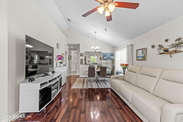 living room with high vaulted ceiling, wood-type flooring, and ceiling fan with notable chandelier