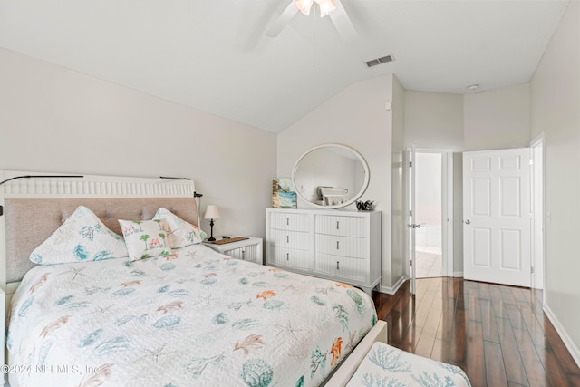 bedroom featuring lofted ceiling, ceiling fan, and dark hardwood / wood-style flooring