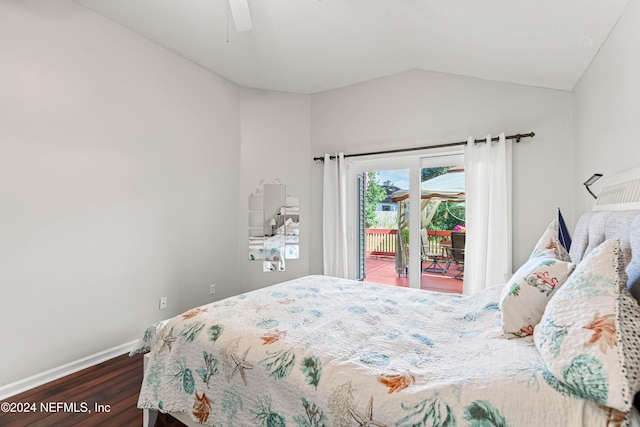 bedroom featuring dark hardwood / wood-style flooring, vaulted ceiling, access to exterior, and ceiling fan