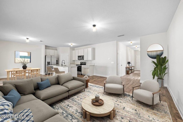 living room featuring hardwood / wood-style flooring and sink